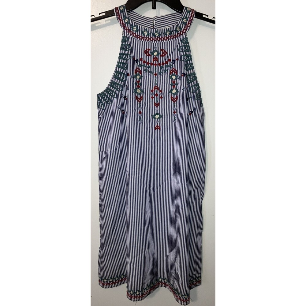THML Anthropologie Dress Blue White Stripe Sleeveless Embroidered Coastalcore XS